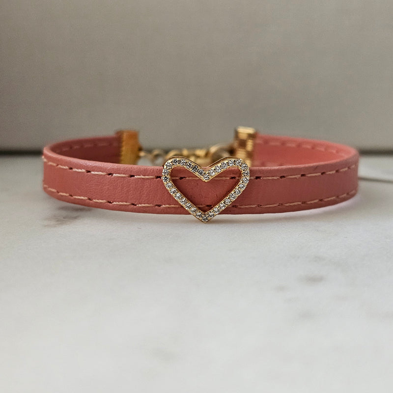 18K Gold Plated Pink Leather Studded Hearth Zirconia Bracelet