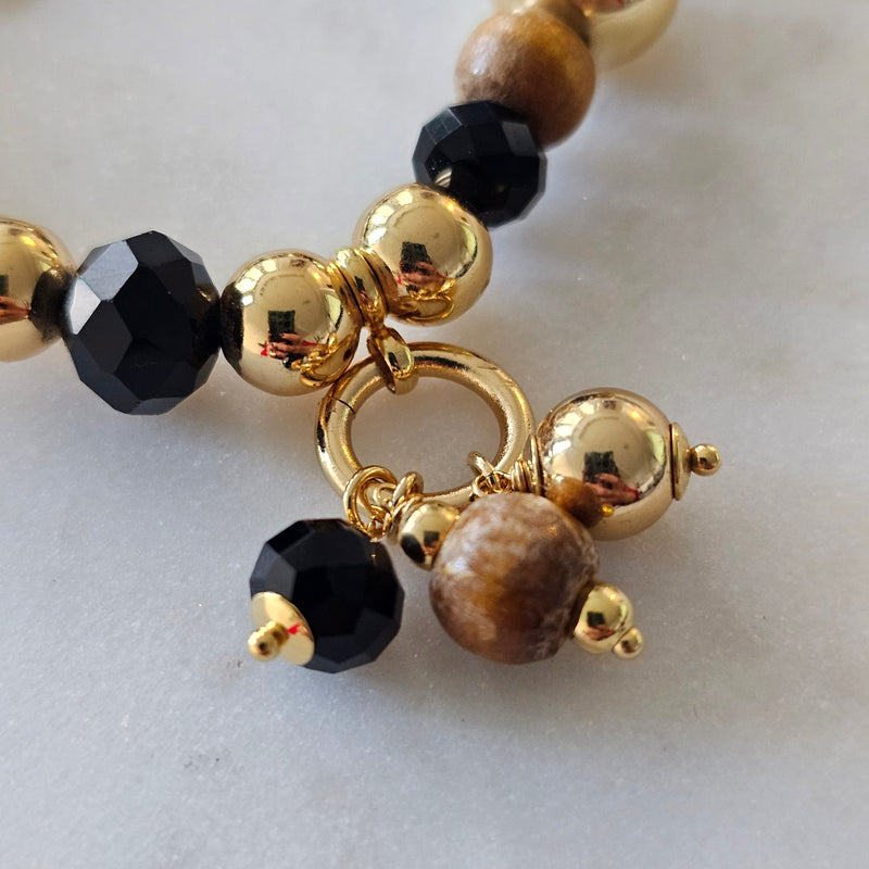 18K Gold Plated Balls, Wood Balls and Black Crystals Bracelet