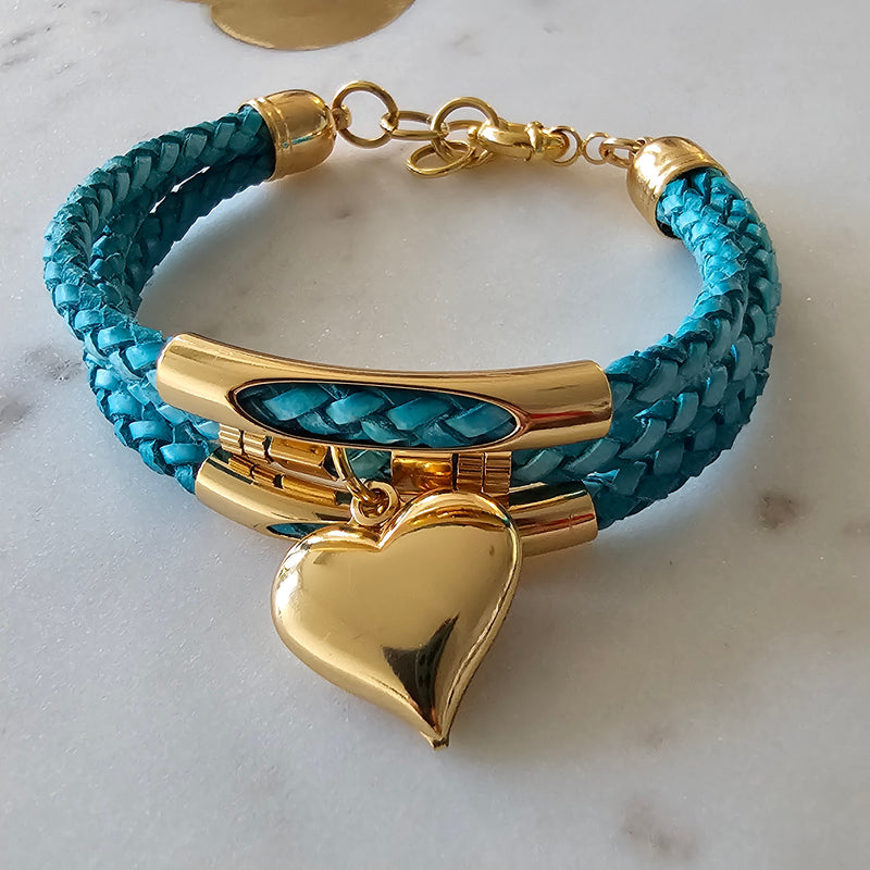 18K Gold Plated Triple Leather Heart Pendant Bracelet