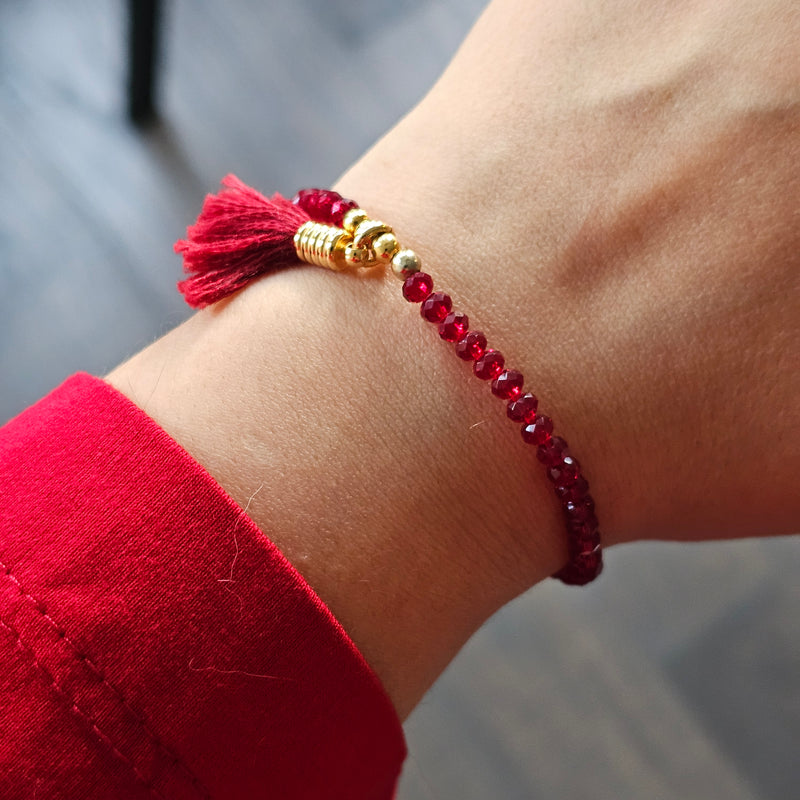 18K Gold Plated Red Crystal and Pompom Bracelet