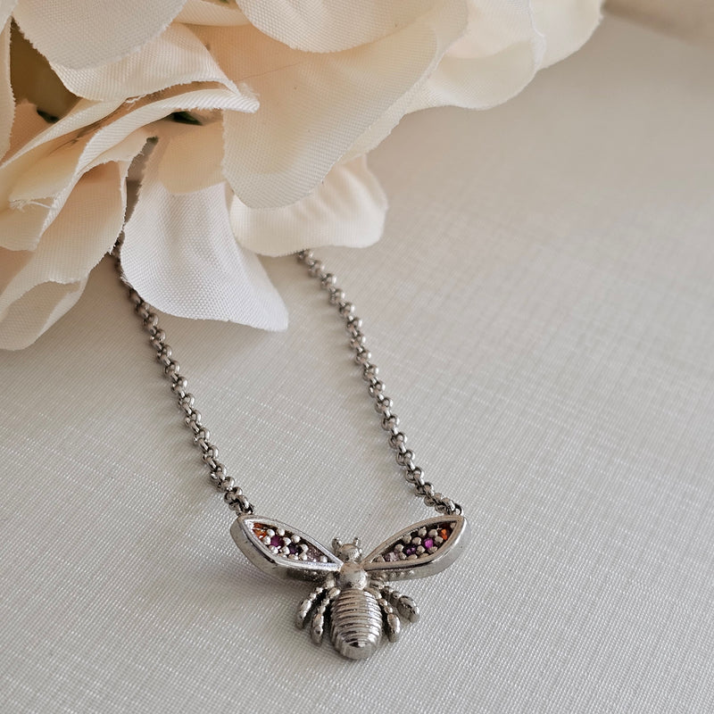 White Rhodium Plated Colorful Dragonfly Necklace