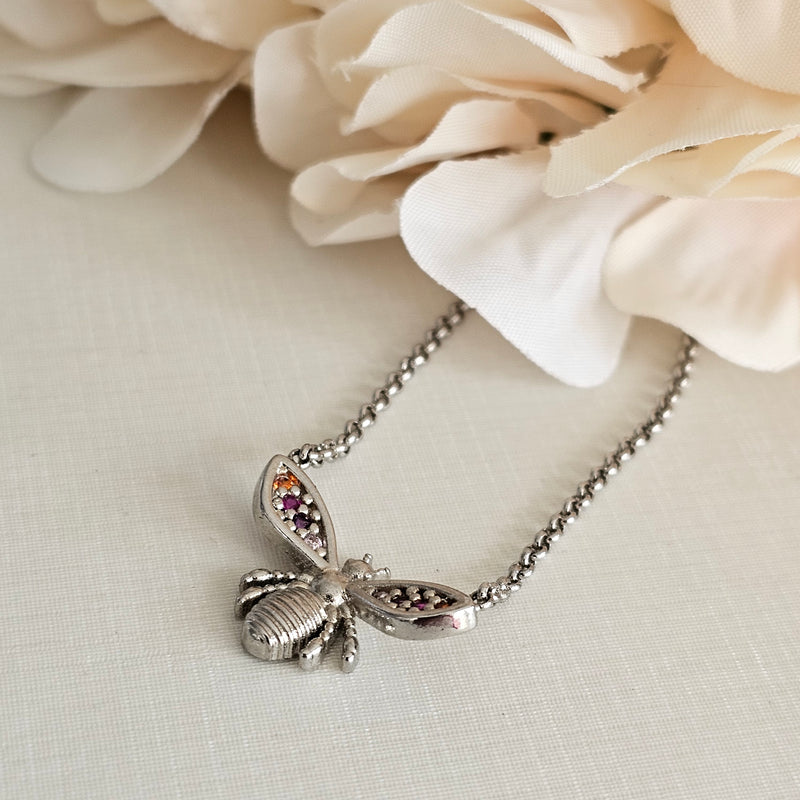 White Rhodium Plated Colorful Dragonfly Necklace