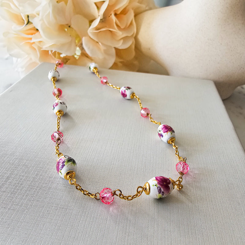 18K Gold Plated Porcelain and Crystals Balls Necklace