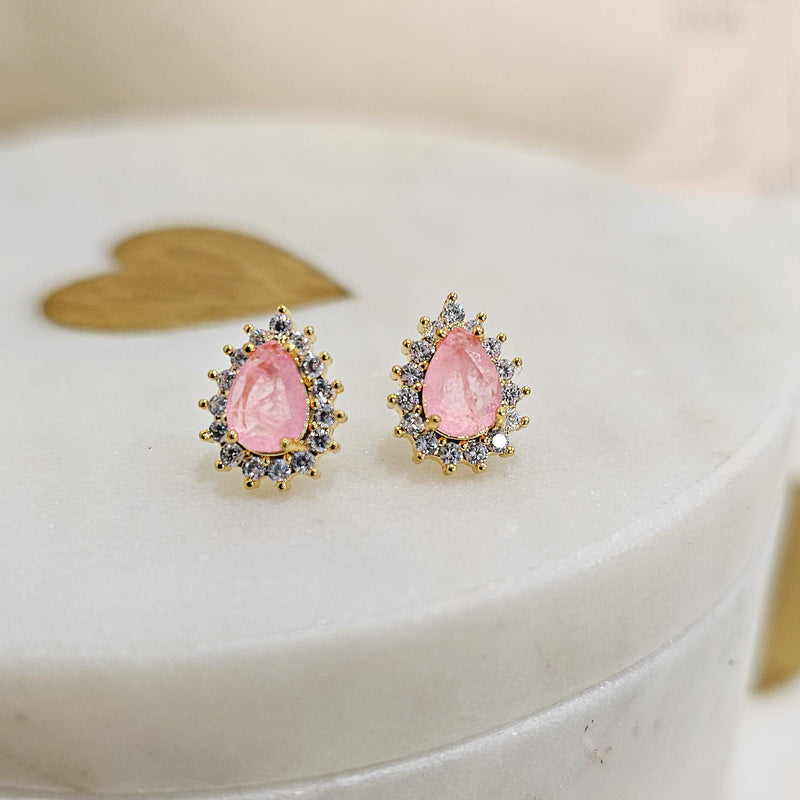 18K Gold Plated Small Pink Fusion Teardrop Zirconia Earrings