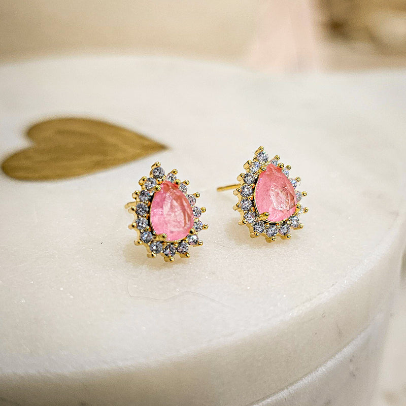 18K Gold Plated Small Pink Fusion Teardrop Zirconia Earrings