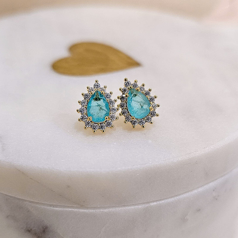 18K Gold Plated Small Blue Fusion Teardrop Zirconia Earrings