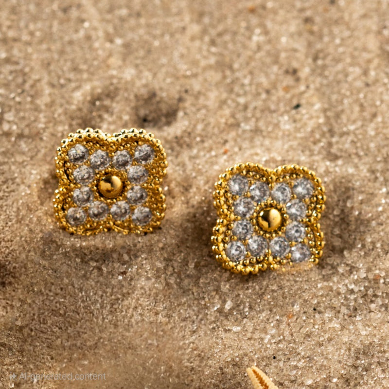 18K Gold Plated Lucky Clover Studded Zirconia Earrings