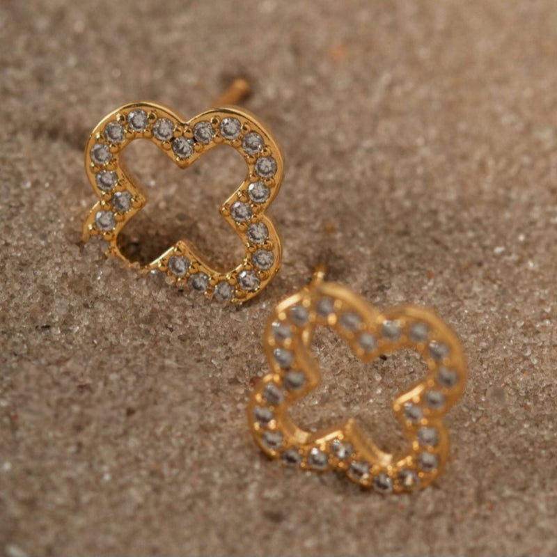 18K Gold Plated Small Lucky Clover Studded Zirconia Earrings