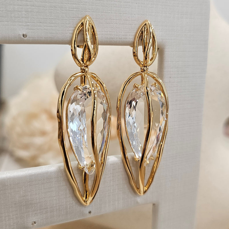 18K Gold Plated Dangling Teardrop Crystal Organic Earrings