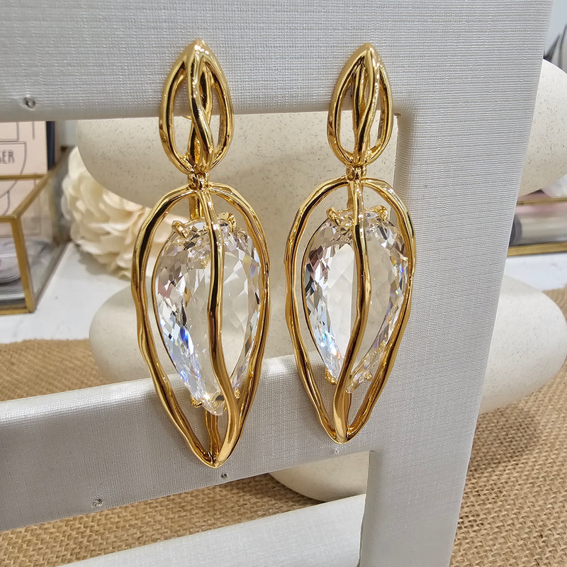 18K Gold Plated Dangling Teardrop Crystal Organic Earrings