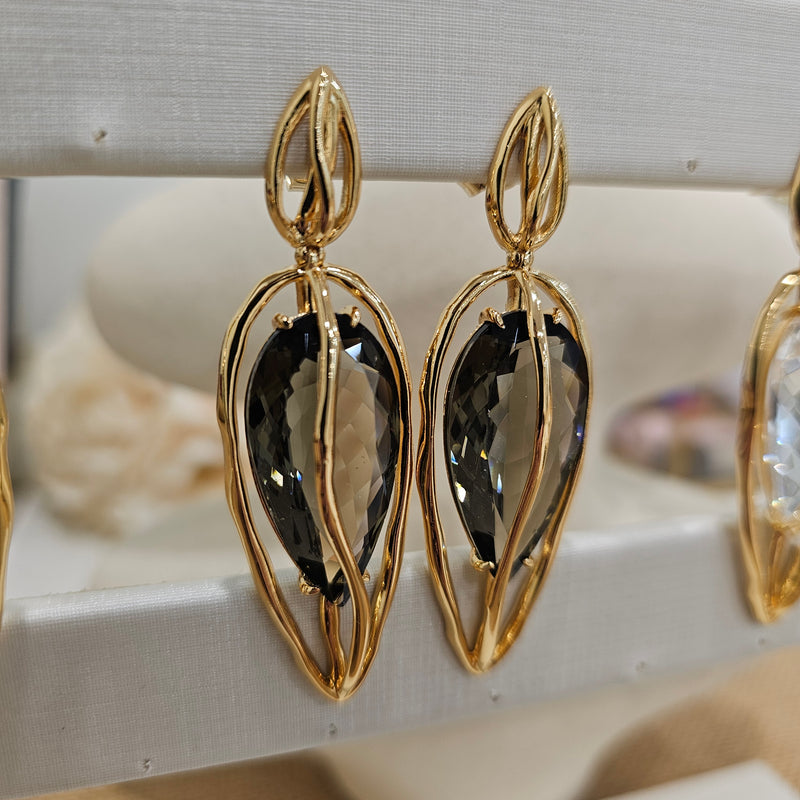 18K Gold Plated Dangling Teardrop Smoky Quartz Organic Earrings