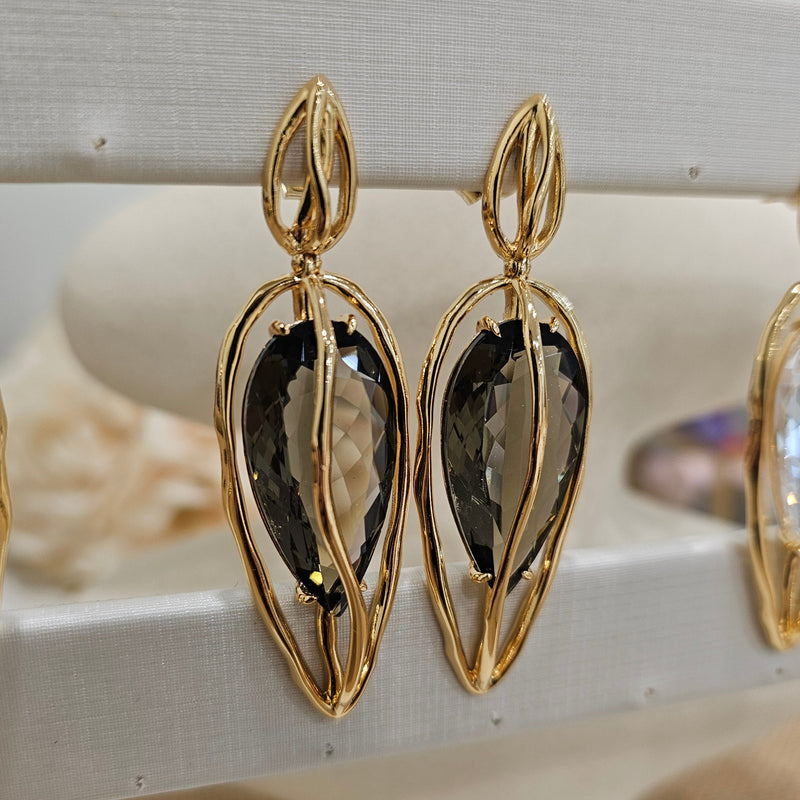 18K Gold Plated Dangling Teardrop Smoky Quartz Organic Earrings