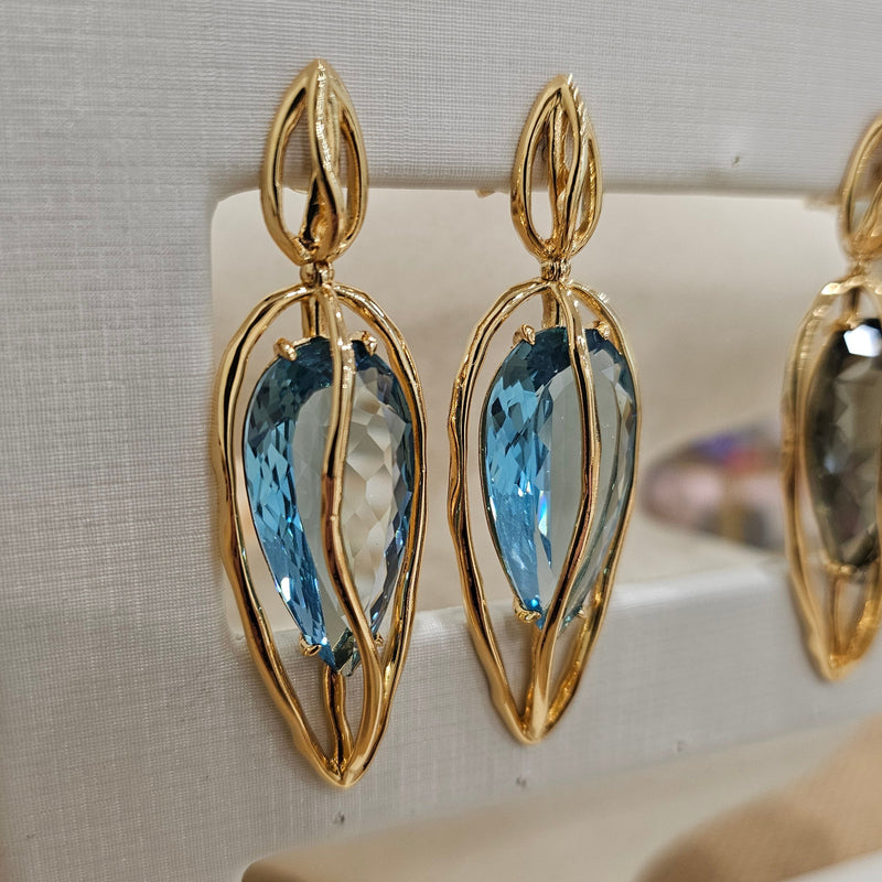 18K Gold Plated Dangling Teardrop Aquamarine Organic Earrings