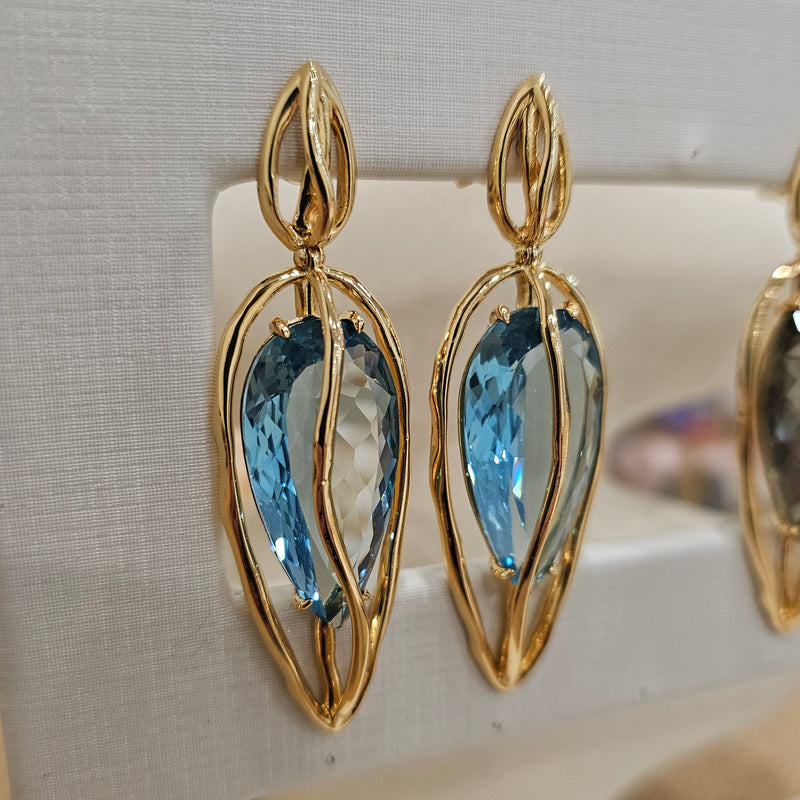 18K Gold Plated Dangling Teardrop Aquamarine Organic Earrings