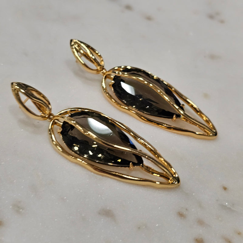 18K Gold Plated Dangling Teardrop Smoky Quartz Organic Earrings