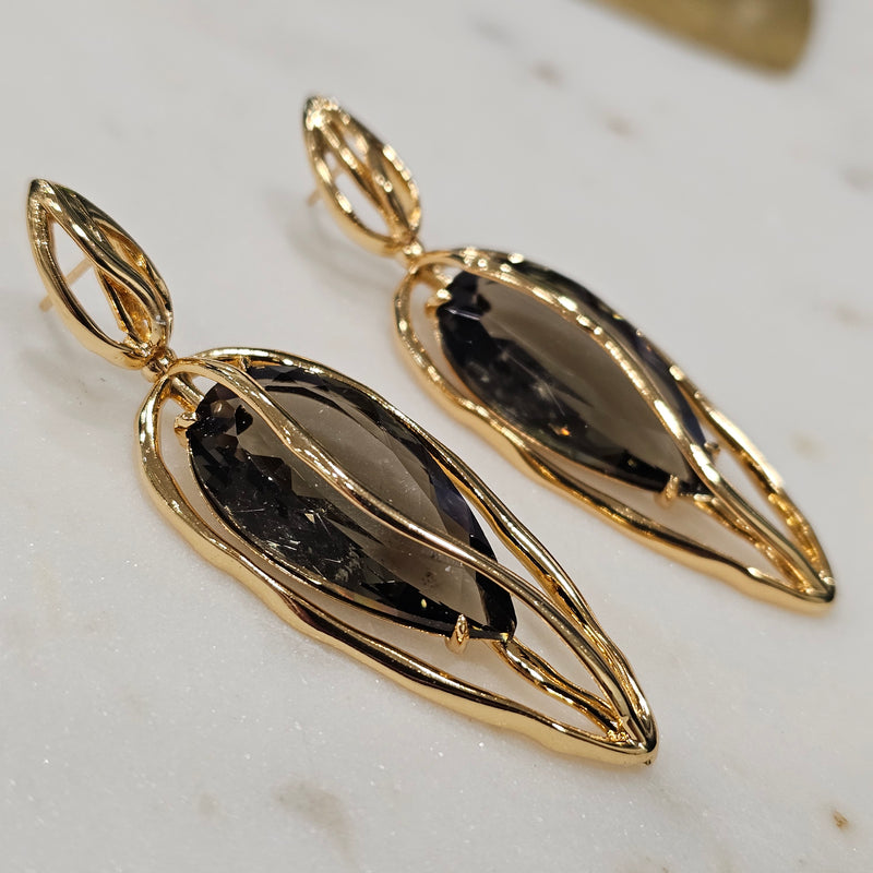 18K Gold Plated Dangling Teardrop Smoky Quartz Organic Earrings