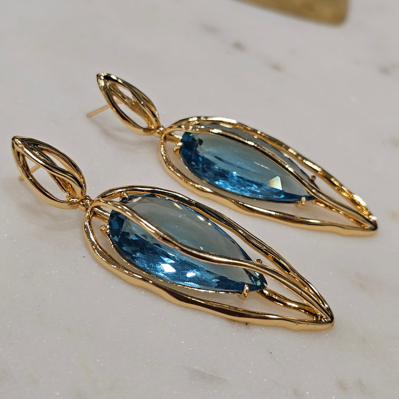 18K Gold Plated Dangling Teardrop Aquamarine Organic Earrings