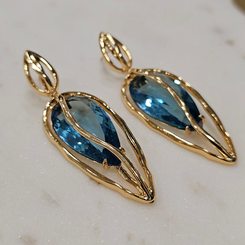 18K Gold Plated Dangling Teardrop Aquamarine Organic Earrings