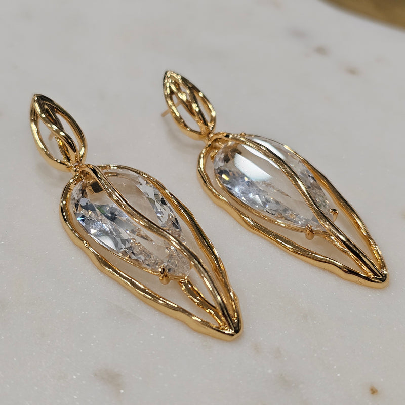 18K Gold Plated Dangling Teardrop Crystal Organic Earrings