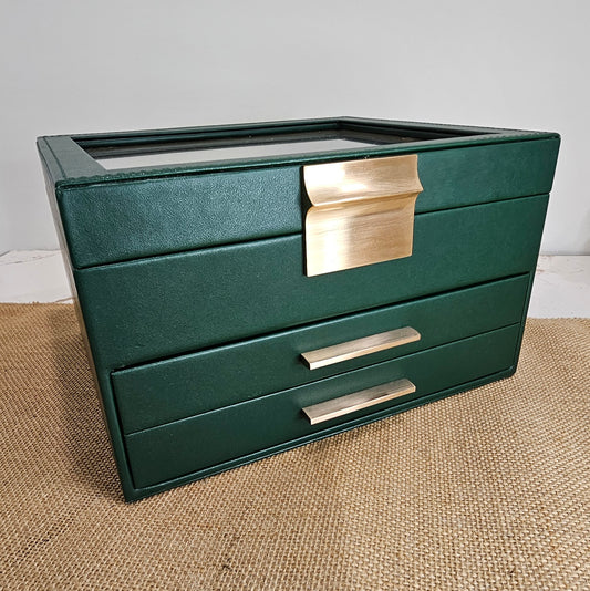 Green Jewelry Box with Glass Lid, 3-Layer Jewelry Organizer, 2 Drawers, 8 x 9.1 x 5.3 Inches