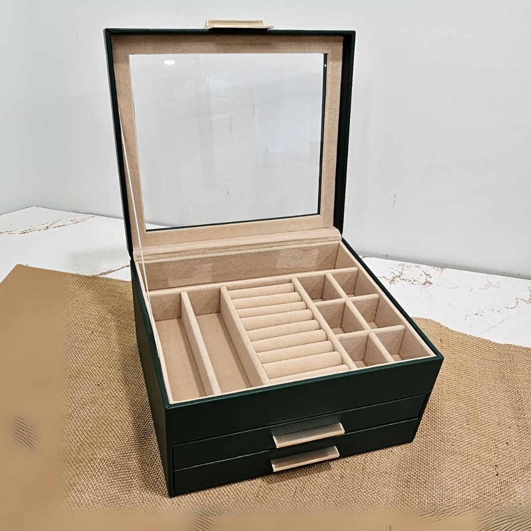 Green Jewelry Box with Glass Lid, 3-Layer Jewelry Organizer, 2 Drawers, 8 x 9.1 x 5.3 Inches