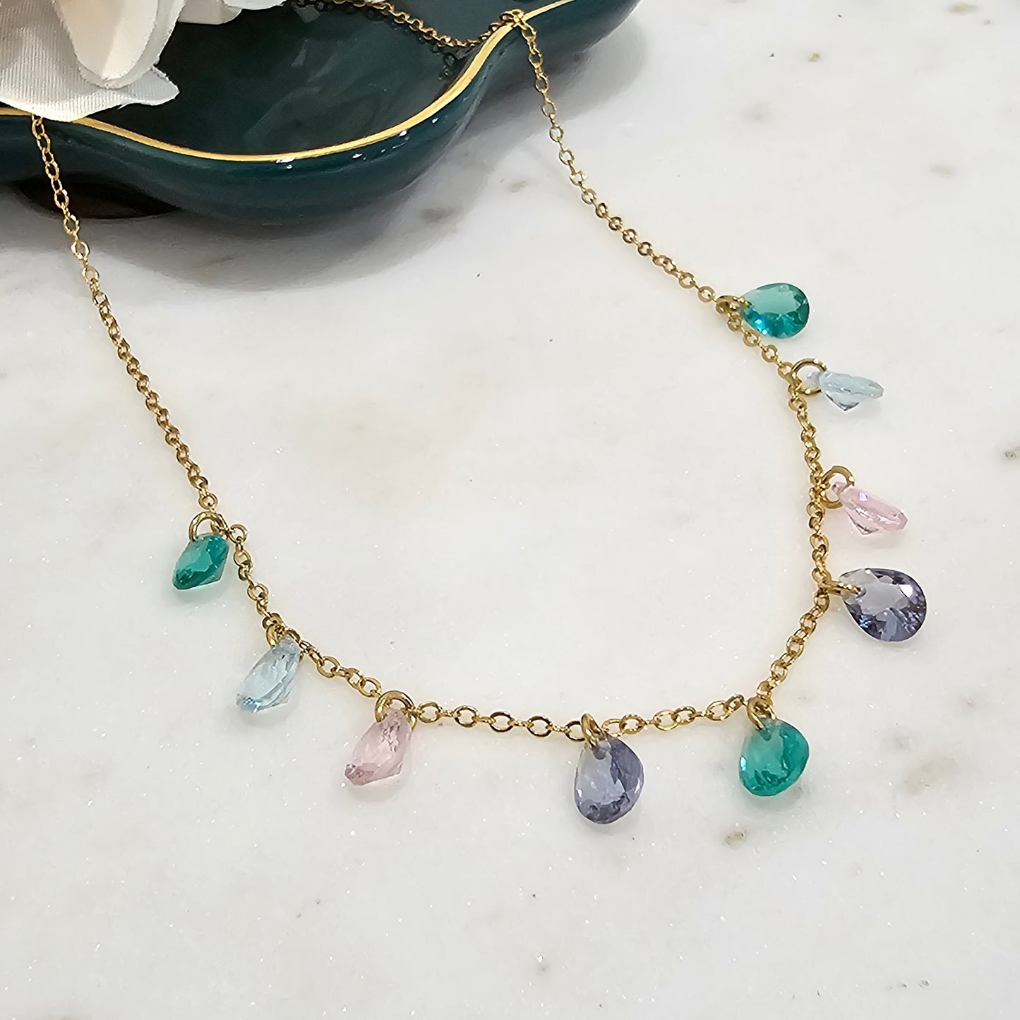 18K Gold Plated Choker Teardrop Color Crystal Kids Necklace