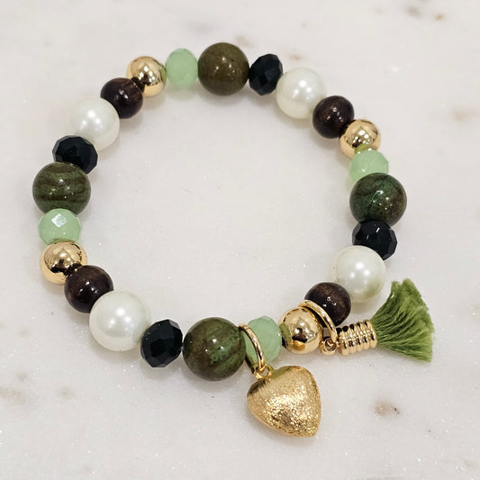 18K Gold Plated Green Balls Ping Heart and Pompom Bracelet