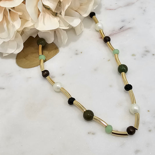18K Gold Plated Tubes, Green Crystals and Stones, Pearls, and Wood Balls Necklace