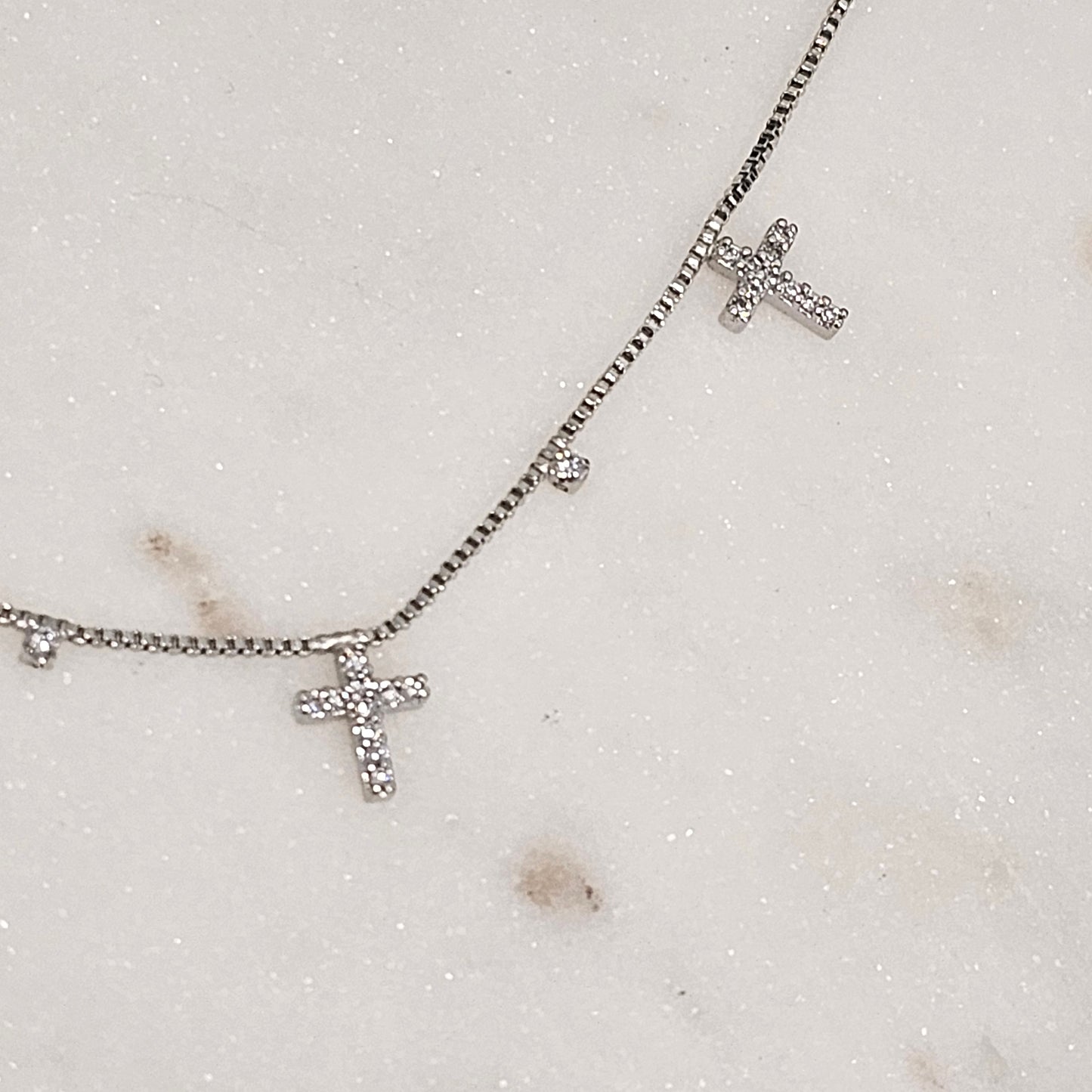 White Rhodium Plated Box Mini Cross Studded Zirconia Necklace