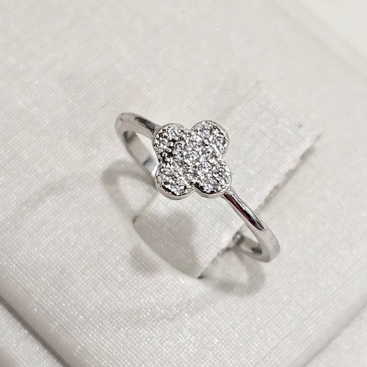 White Rhodium Plated Clover Studded Zirconia Ring