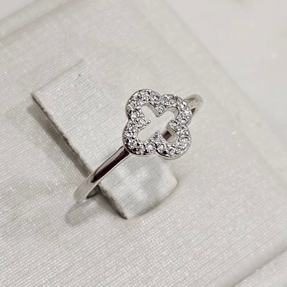 White Rhodium Plated Clover Studded Zirconia Ring