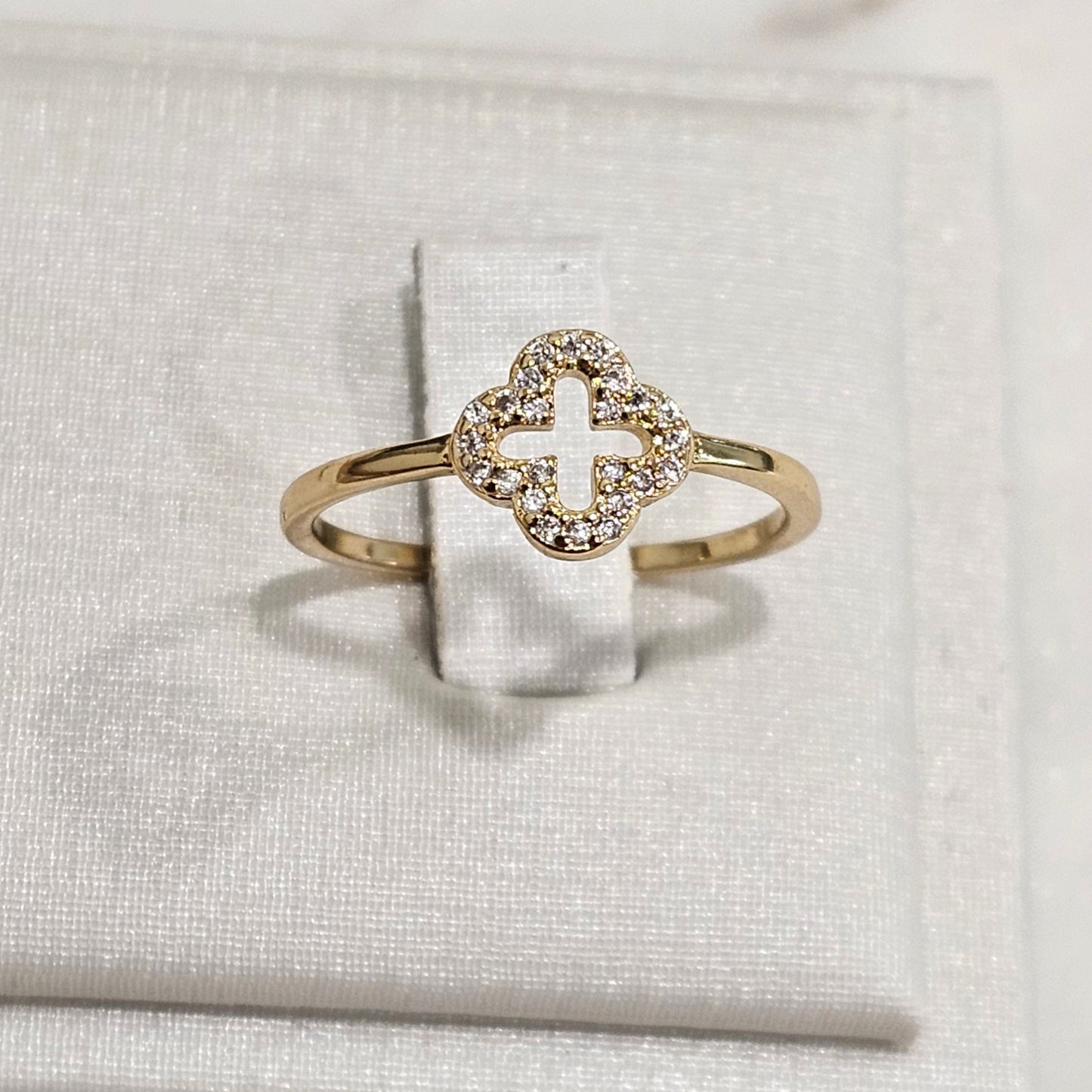 18K Gold Plated Clover Studded Zirconia Ring