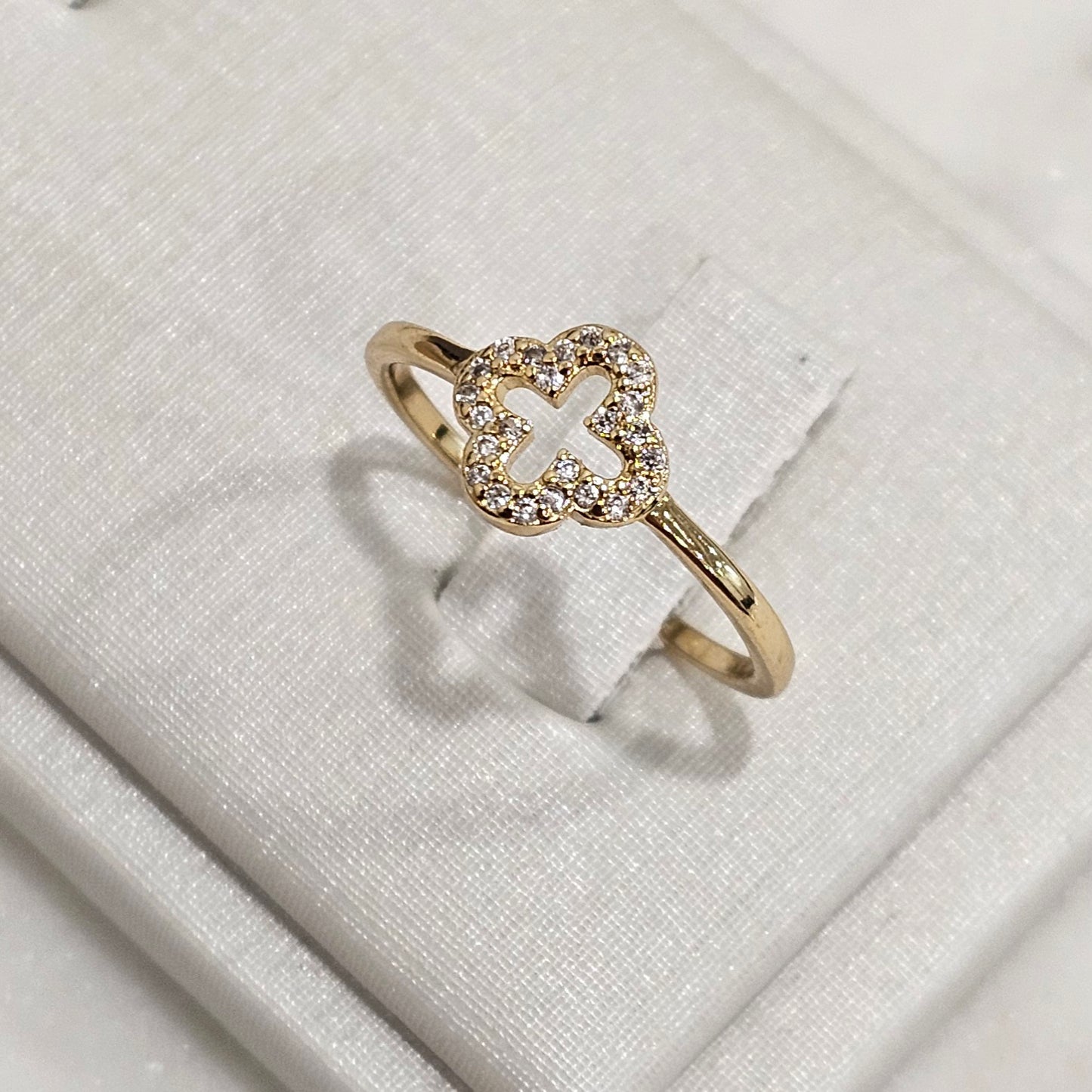 18K Gold Plated Clover Studded Zirconia Ring