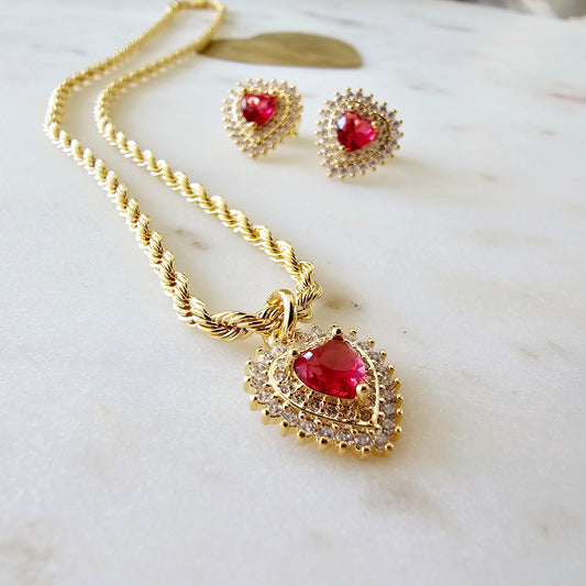 18K Gold Plated Studded Zirconia Red Heart Shape Set