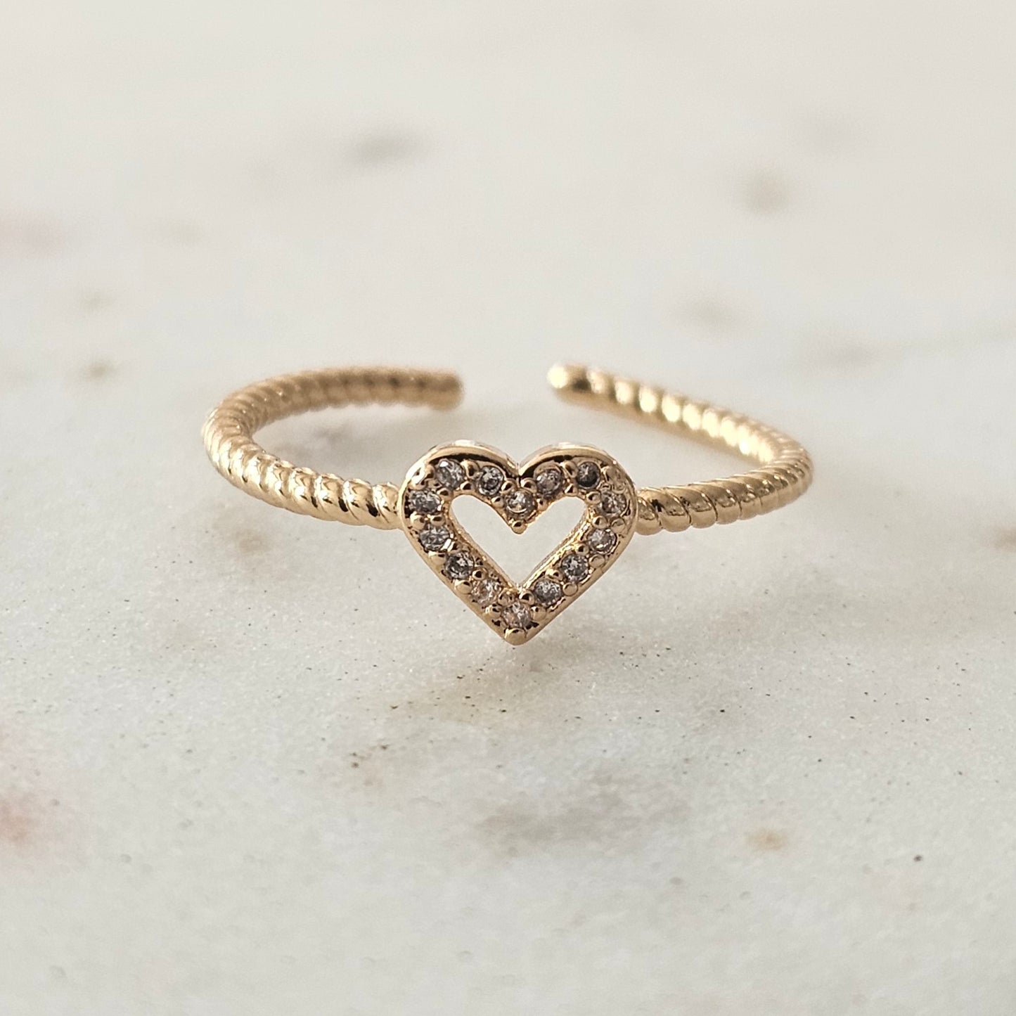 18K Gold Plated Delicate Adjustable Studded Zirconia Heart Ring