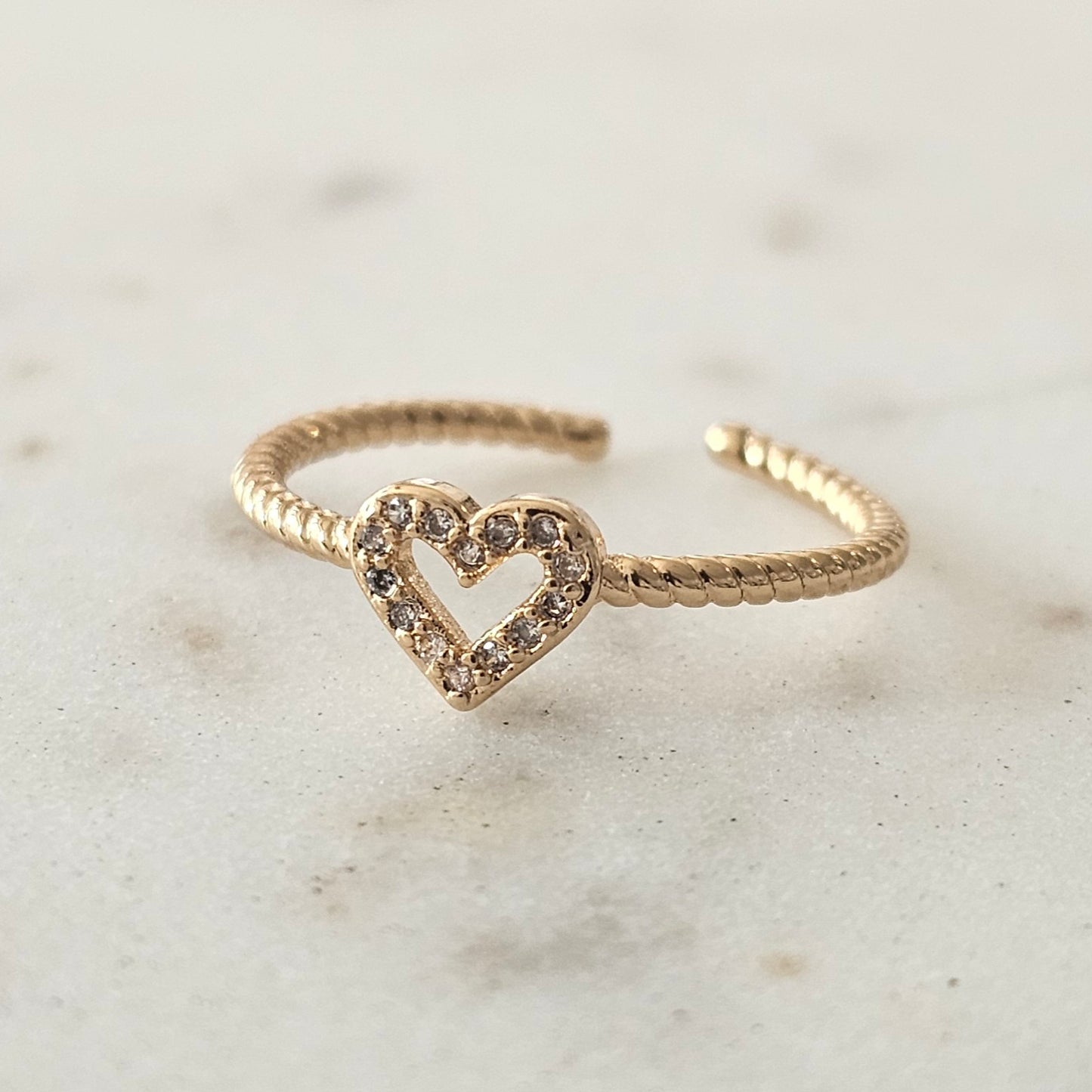 18K Gold Plated Delicate Adjustable Studded Zirconia Heart Ring