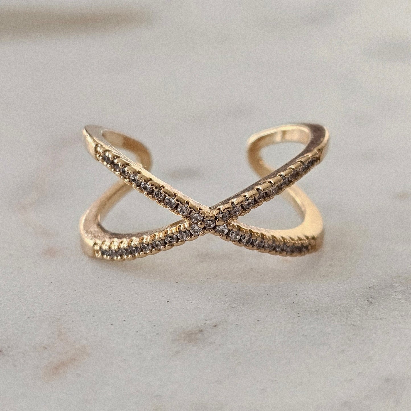 18K Gold Plated Adjustable Studded Zirconia X Ring
