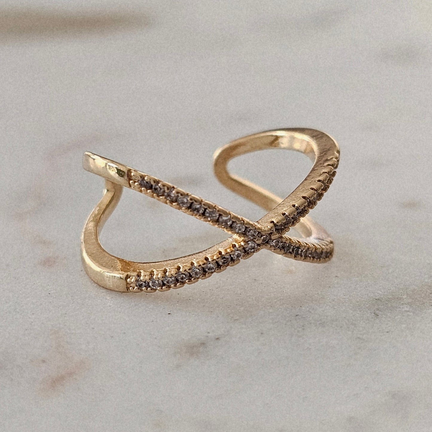 18K Gold Plated Adjustable Studded Zirconia X Ring