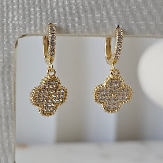 18K Gold Plated Hoops Dangling Studded Zirconia Clover Earrings
