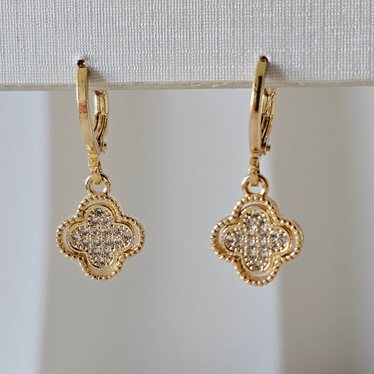 18K Gold Plated Hoops Dangling Studded Zirconia Small Clover Earrings