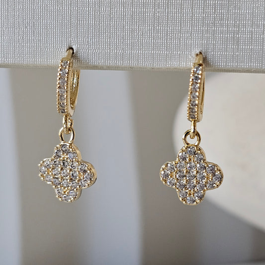18K Gold Plated Hoops Dangling Studded Zirconia Small Clover Earrings