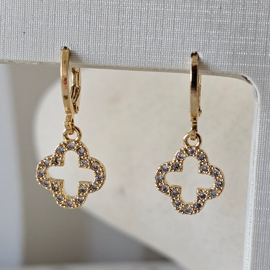 18K Gold Plated Hoops Dangling Studded Zirconia Small Clover Earrings
