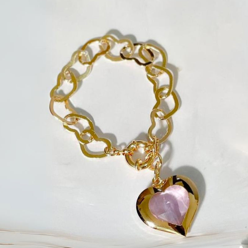 18K Gold Plated Pink Sapphire Heart Pendant Bracelet