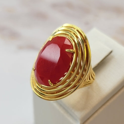 18K Gold Plated Red Jade Ring