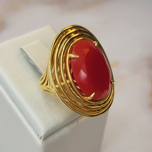 18K Gold Plated Red Jade Ring