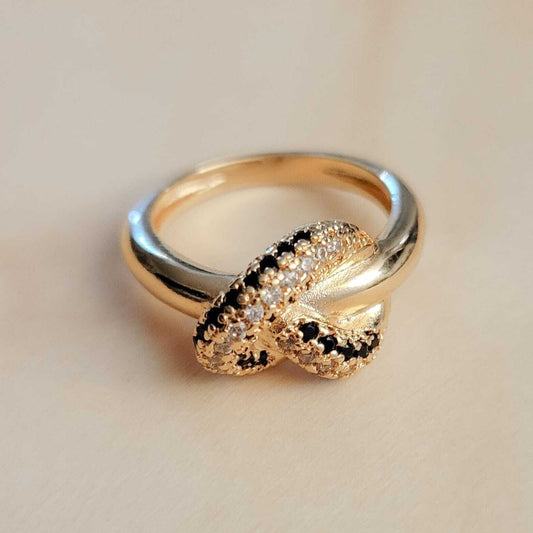 18K Gold Plated Studded Onyx Knot Ring