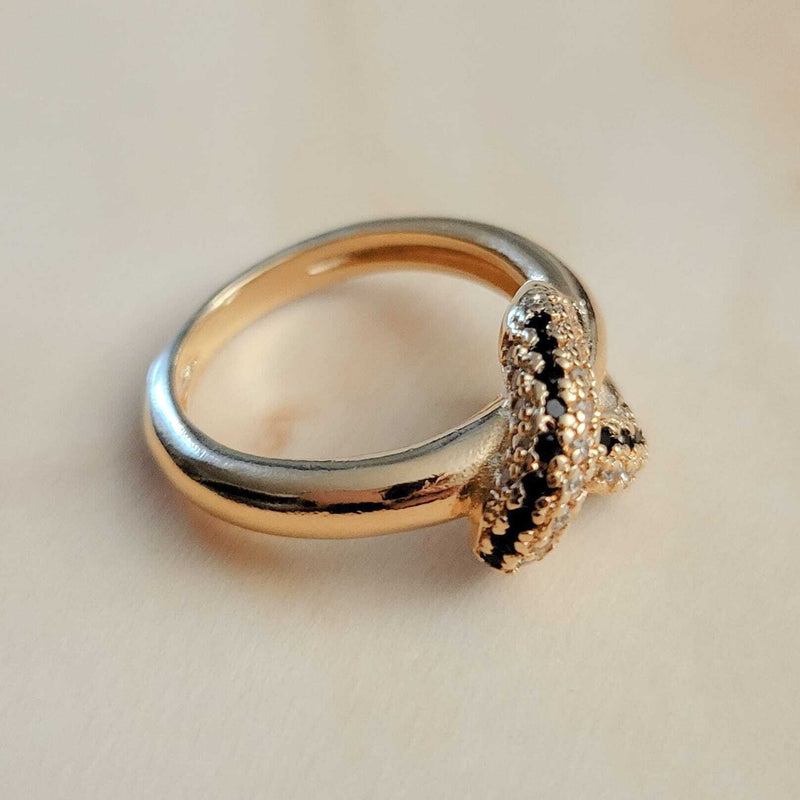 18K Gold Plated Studded Onyx Knot Ring