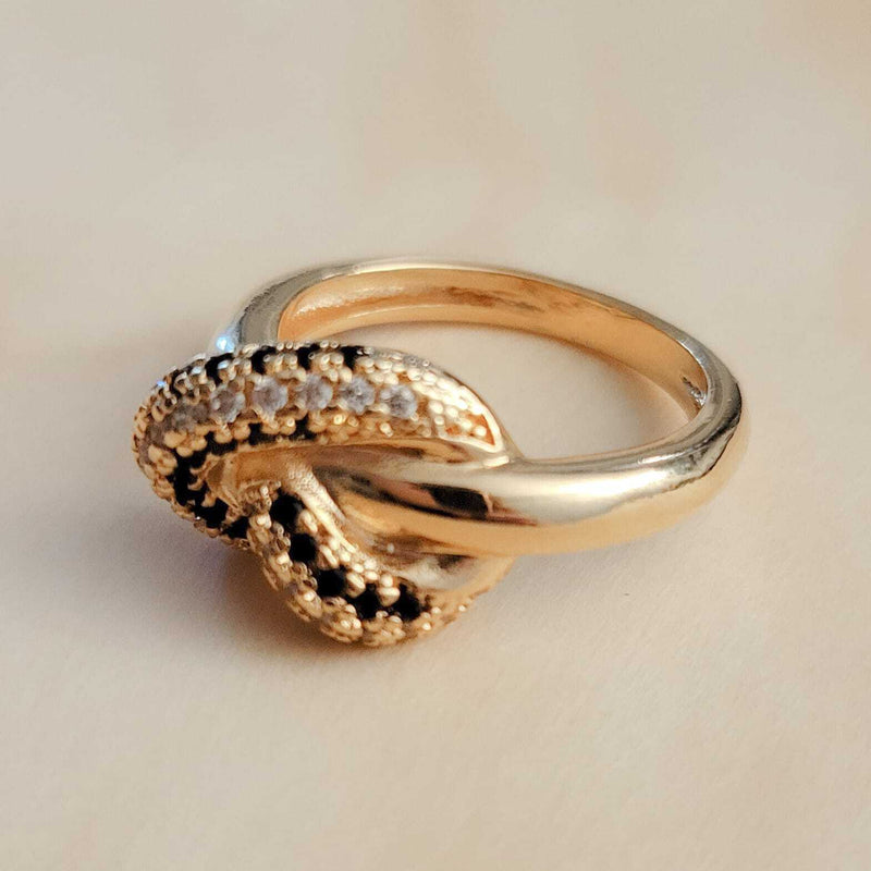 18K Gold Plated Studded Onyx Knot Ring