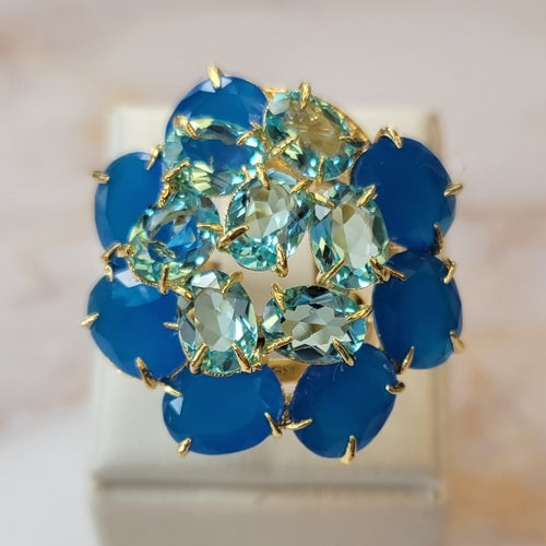 18K Gold Plated Apatite and Blue Sky Topaz Flower Studded Zirconia Ring