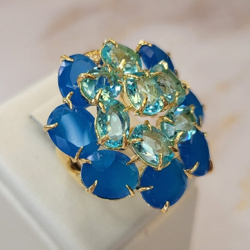 18K Gold Plated Apatite and Blue Sky Topaz Flower Studded Zirconia Ring